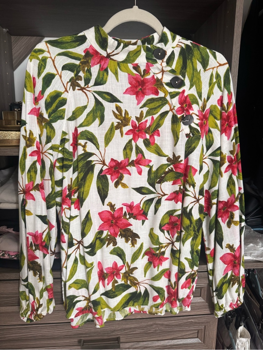 Zara linen-blend tropical floral long-sleeve blouse.